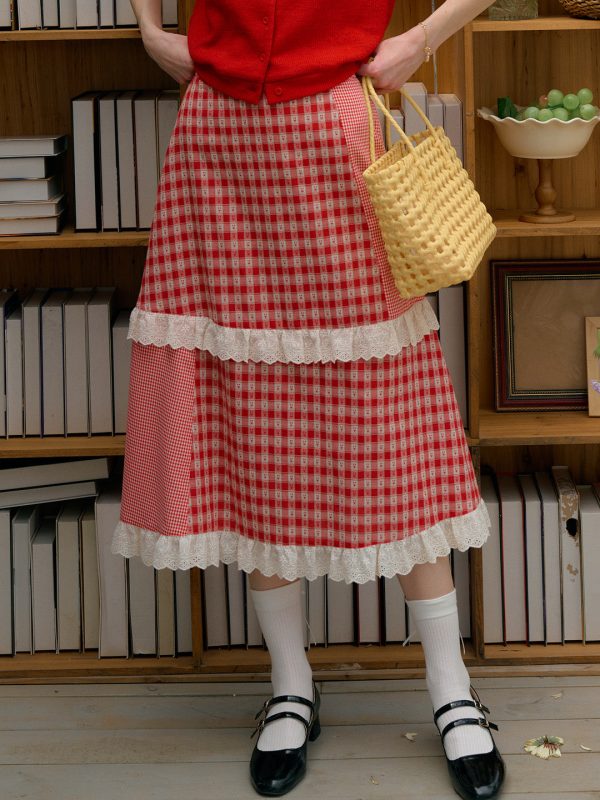 【Final Sale】Dalia Sweet Lace Contrasting Plaid Cake Skirt Online Hot Sale - Image 3