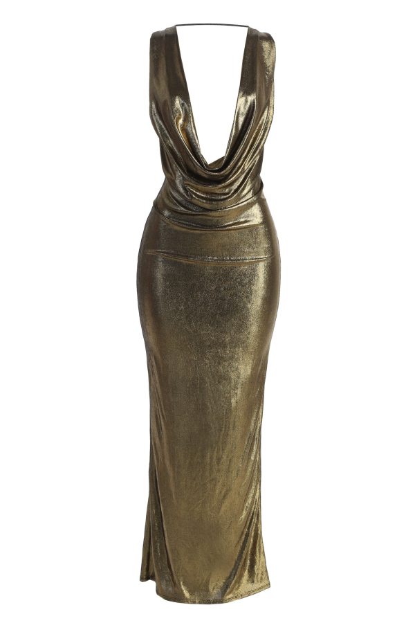 Gold Highlights Cowl Neck Maxi Dress Hot on Sale - Image 2