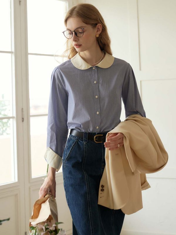 Luz Blue & White Striped Peter Pan Collar Contrast Cotton Shirt Online Sale - Image 5