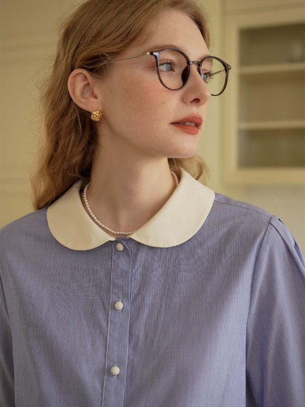 Luz Blue & White Striped Peter Pan Collar Contrast Cotton Shirt Online Sale - Image 4