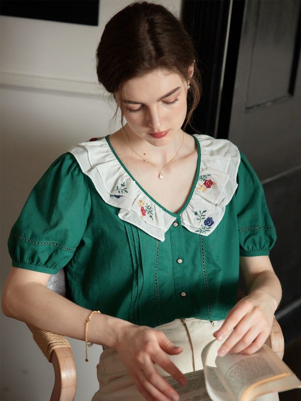 【Final Sale】Hanna V-neck Contrast Colorful Rose Embroidery Lapel Puff Sleeve Cotton Blouse Online Sale