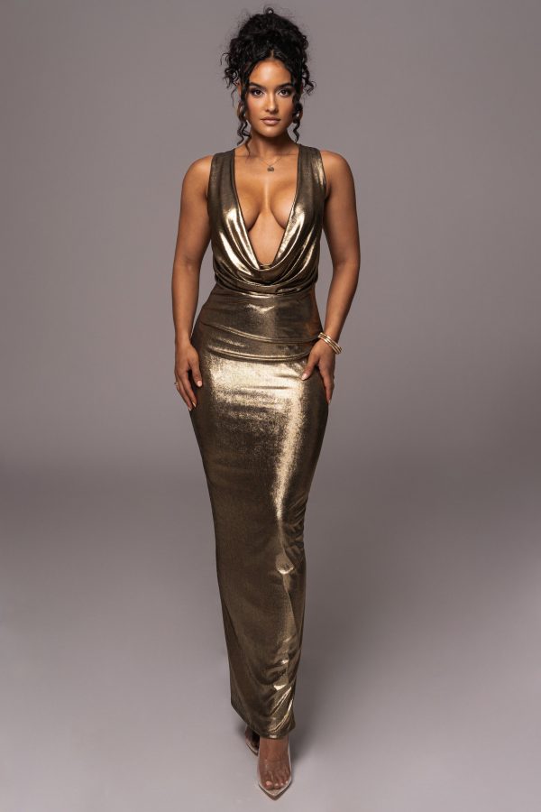 Gold Highlights Cowl Neck Maxi Dress Hot on Sale - Image 3