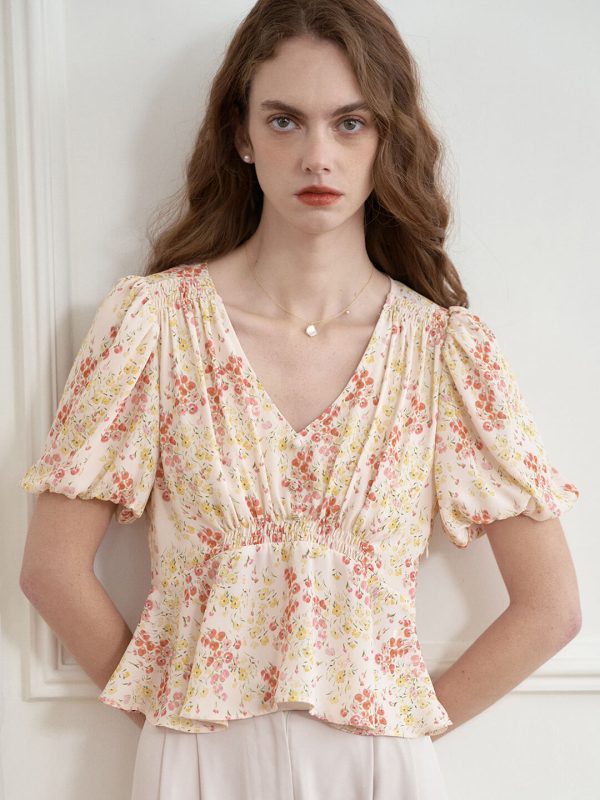 Luciana Tulip French Style Large V-neck Floral Shirt Online - Image 2
