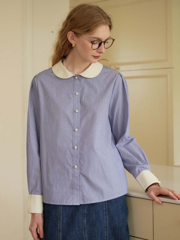 Luz Blue & White Striped Peter Pan Collar Contrast Cotton Shirt Online Sale - Image 3