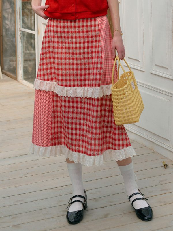 【Final Sale】Dalia Sweet Lace Contrasting Plaid Cake Skirt Online Hot Sale - Image 2