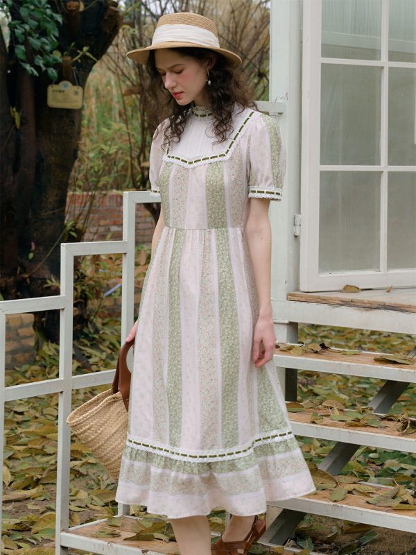 【Final Sale】Allie Mock Neck Trim Lace Floral Print Contrast Patchwork Dress For Cheap