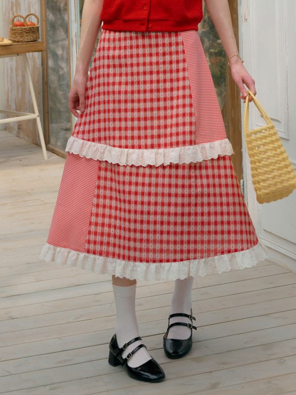 【Final Sale】Dalia Sweet Lace Contrasting Plaid Cake Skirt Online Hot Sale