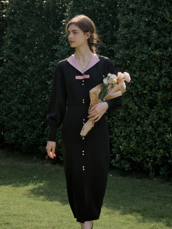 【Final Sale】Karter Notched Lapel Contrasting Button Bow Dress Online now